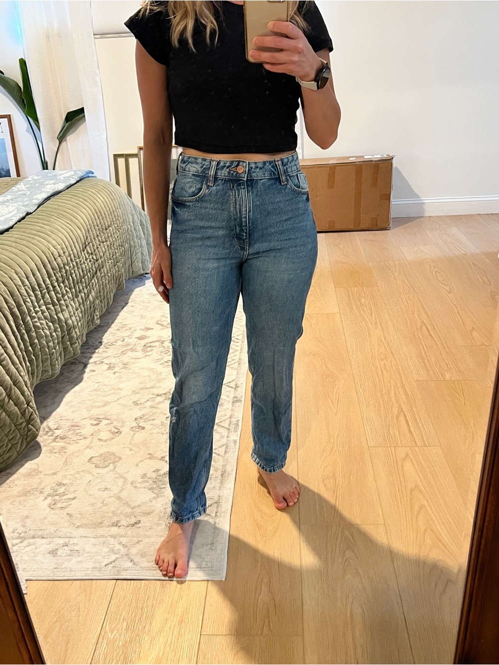 Zara High-Rise Relaxed Straight Jeans - Medium Blue